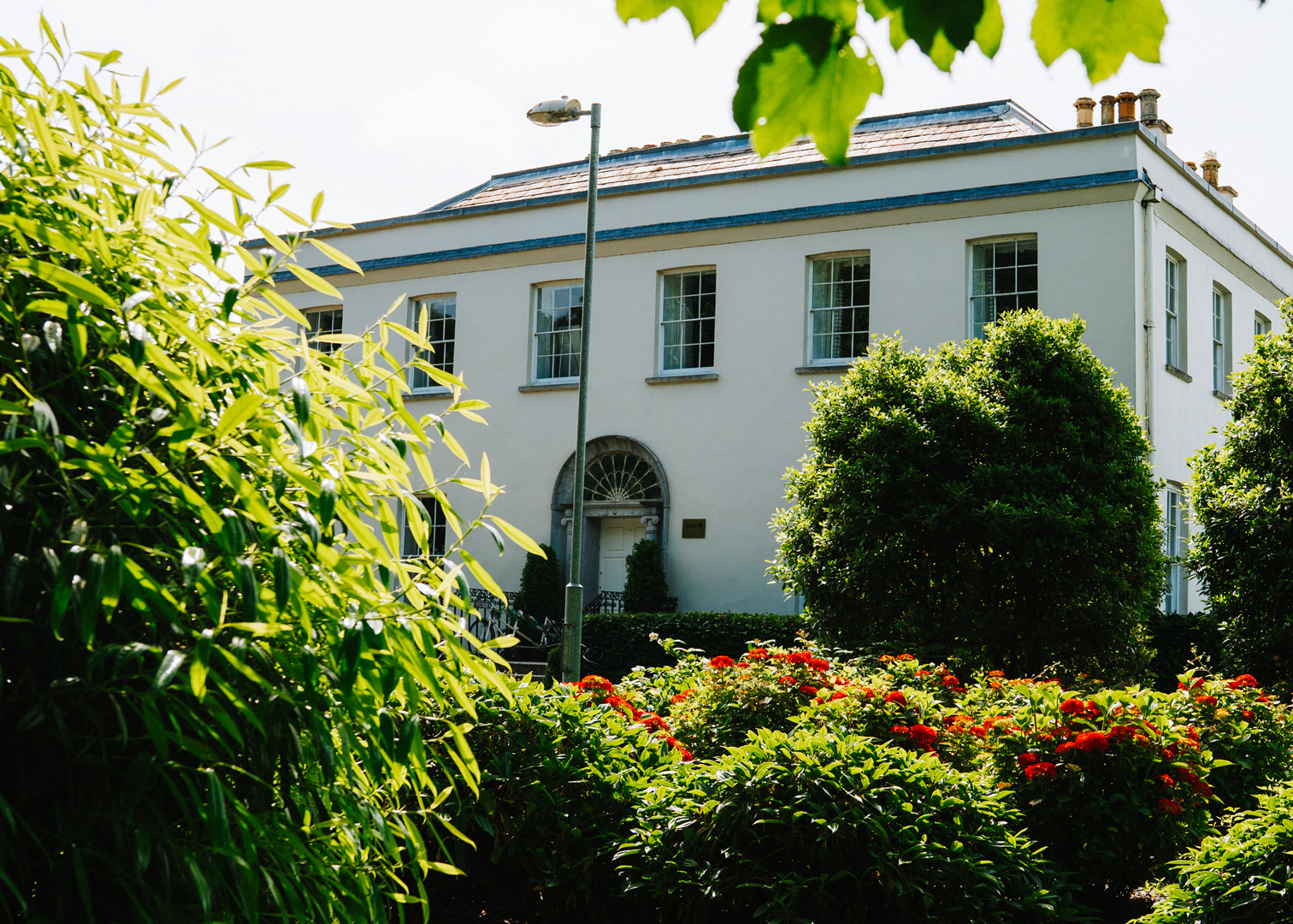 Entrance of radisson blu cork at daylight with blooming flowers and bushes.